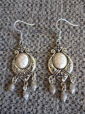 Bohemian Silver-Tone Dangle Earrings with Cream Stone